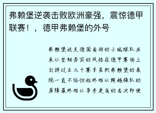 弗赖堡逆袭击败欧洲豪强，震惊德甲联赛！，德甲弗赖堡的外号
