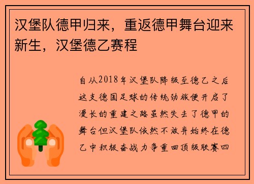 汉堡队德甲归来，重返德甲舞台迎来新生，汉堡德乙赛程