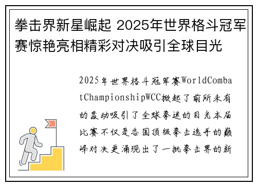 拳击界新星崛起 2025年世界格斗冠军赛惊艳亮相精彩对决吸引全球目光