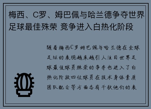 梅西、C罗、姆巴佩与哈兰德争夺世界足球最佳殊荣 竞争进入白热化阶段